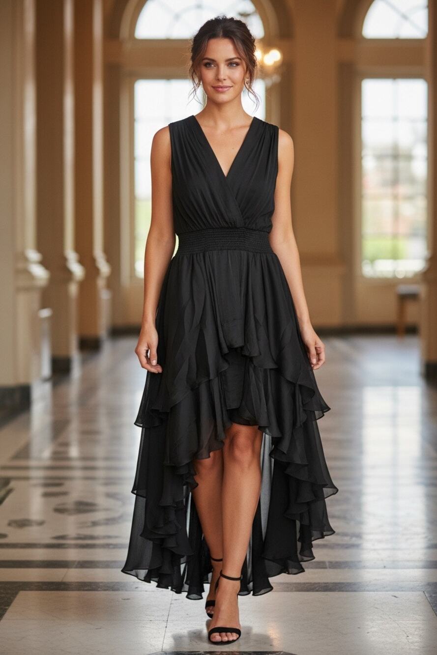 Steve Madden Beiley Midi Flowy Dress Ruffle Black Tiered Smocked Waist Medium